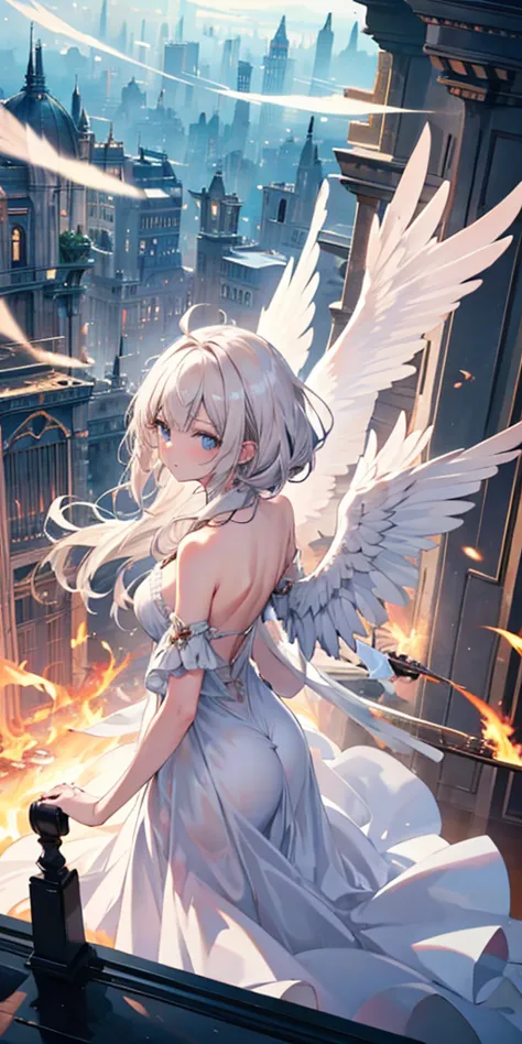 a (rear view:1.5) a very beautiful female angel\(long platinum blonde hair, wide back white dress,(there are beautiful big angel...