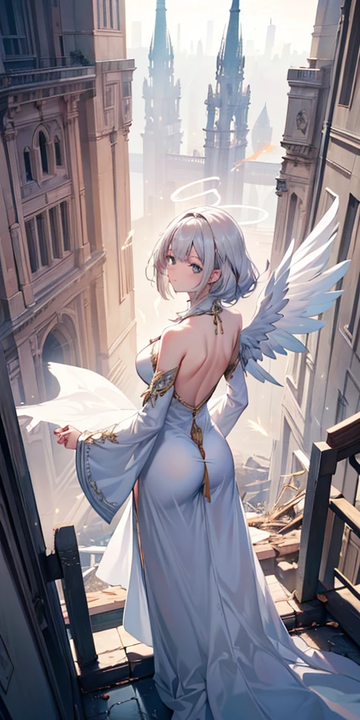 a (Rear view:1.5) A very beautiful female angel\(Long platinum blonde hair, Wide back white dress,(There are beautiful big angel wings on the chest),Very beautiful shiny halo\), She gently opened her arms，Seeking redemption, She is above the clouds, looking down at the world below,Ancient Europe， Fierce war\((So many sparks and flames), fail, fighter, Many buildings collapsed, Nature is destroyed, Magnificent scenery\) Happening Under the Clouds, rest ,quality\(8K,Extremely detailed CG unit wallpaper, masterpiece,high resolution,top-quality,top-quality real texture skin,Surrealism,提high resolution,RaW 照片,Best quality,Very detailed,wallpaper,light,Ray Tracing,Golden Ratio\),[National Foundation],Dynamic Angle,[National Foundation],from above