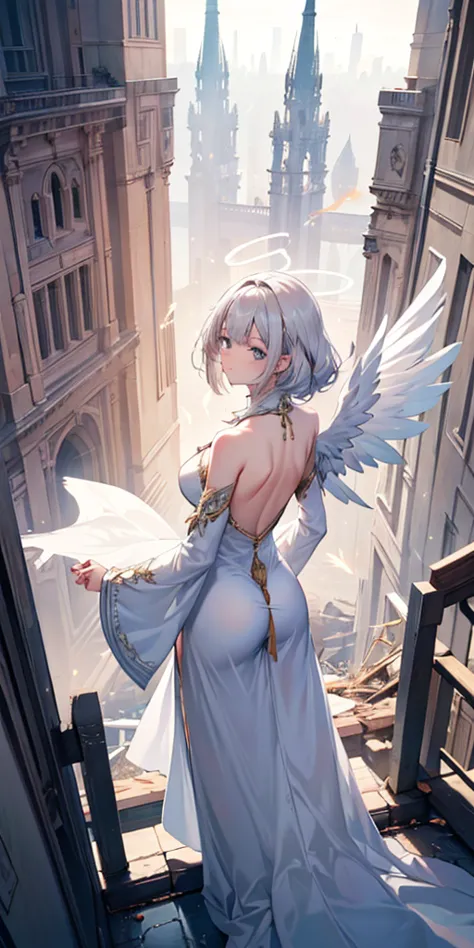 a (rear view:1.5) a very beautiful female angel\(long platinum blonde hair, wide back white dress,(there are beautiful big angel...