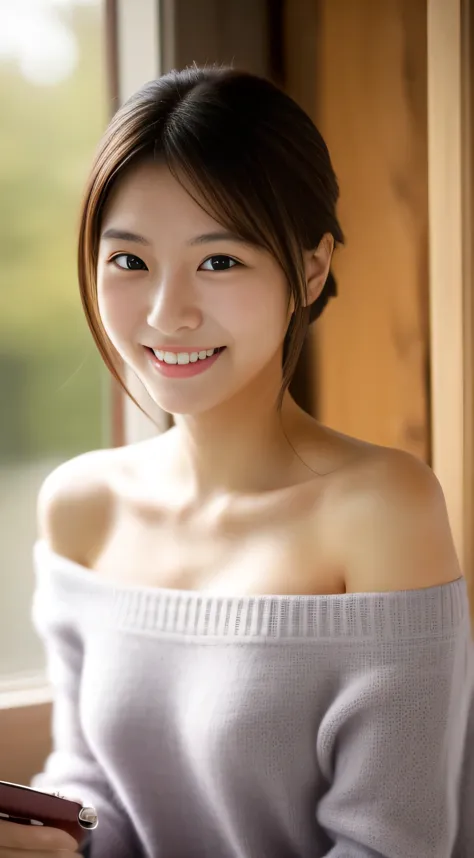 masterpiece,best quality,(Japanese girl),((Beautiful girl)),cleavage,(off shoulder:1.3),indoor,(perfect body beauty:1.2),(shy smile),beautiful teeth,From slightly above