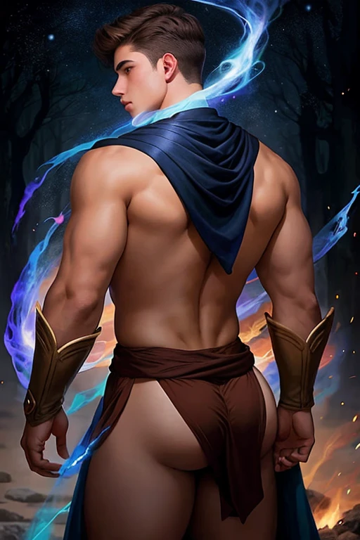 A boy with short brown hair, 22 years, handsome, well defined body, turning his back showing his firmness, big round butt, dressed as a Sorcerer surrounded by a magical aura