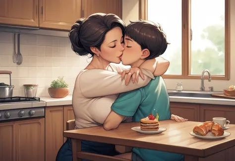 score_9, score_8_up, score_7_up, source_anime, 1boy, 1girl, mature female, mother and son, kid, hug, kiss, sitting on a kitchen ...