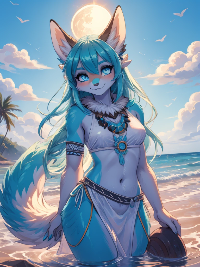 Miku Hatsune, cuerpo aqua&blanco add_detai:1, peludo, orejas de kitsune,((piersings)), arete en el ombligo, tatuajes tribal add_detail:1, ropa tribal, paisaje de playa, Eclipse, sensual swimsuit, hincada en la playa, cara sonrojada, feliz, happy girl. Blue intense eyes, most beautifull blue deep eyes, magic girl add_detail:1