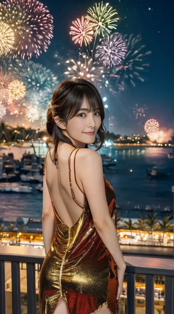 (((Masterpiece，Highest quality，Highest quality，8k，16K))，((Ultra-high resolution，Super detailed)))，Japanese，beautiful girl，sexy，glamorous，Golden Ratio Style，Camisole dress，night，Tropical Beach，Fireworks display，Fireworks、((Tropical BeachにてFireworks displayのFireworksを背景にしたスナップ写真))，