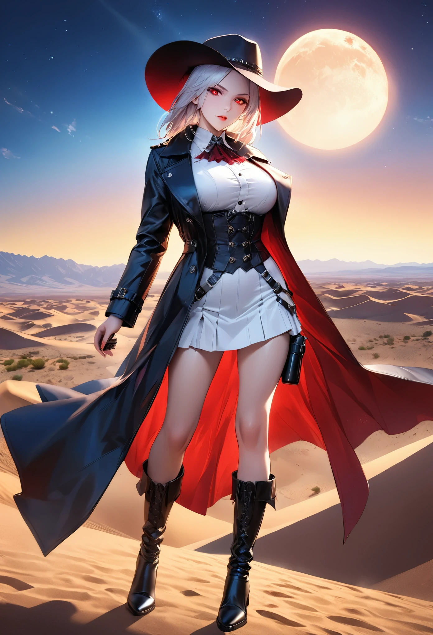 (black and white 19th century photograph style: 1.5) picture of a female vampire cowboy in the desert night, a goth beauty, exquisite beautiful female vampire, ((anatomically correct: 1.5), (ultra detailed face: 1.2), best detailed face, red glowing eyes, full body, busty, wearing white bottom shirt, short skirt, dynamic color. wearing (cowboy hat: 1.2), wearing high heeled boots, wearing open black trench coat, flowing trench coat,  she has a pistol in a holster, it is night time in the desert, moon light. moon rays, west America desert canyon background, Hyperrealism style, vibrant, Ultra-high resolution, High Contrast, (masterpiece:1.5), highest quality, Best aesthetics), best details, best quality, highres, ultra wide angle, 16k, [ultra detailed], masterpiece, best quality, (extremely detailed) RAW, chumbasket art style, rpg portrait photograph,