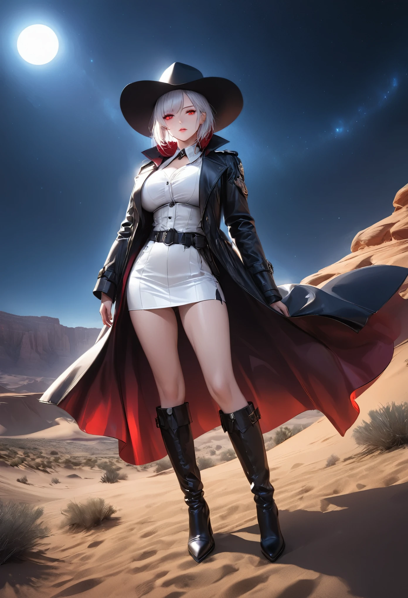 (black and white 19th century photograph style: 1.5) picture of a female vampire cowboy in the desert night, a goth beauty, exquisite beautiful female vampire, ((anatomically correct: 1.5), (ultra detailed face: 1.2), best detailed face, red glowing eyes, full body, busty, wearing white bottom shirt, short skirt, dynamic color. wearing (cowboy hat: 1.2), wearing high heeled boots, wearing open black trench coat, flowing trench coat,  she has a pistol in a holster, it is night time in the desert, moon light. moon rays, west America desert canyon background, Hyperrealism style, vibrant, Ultra-high resolution, High Contrast, (masterpiece:1.5), highest quality, Best aesthetics), best details, best quality, highres, ultra wide angle, 16k, [ultra detailed], masterpiece, best quality, (extremely detailed) RAW, chumbasket art style, rpg portrait photograph,