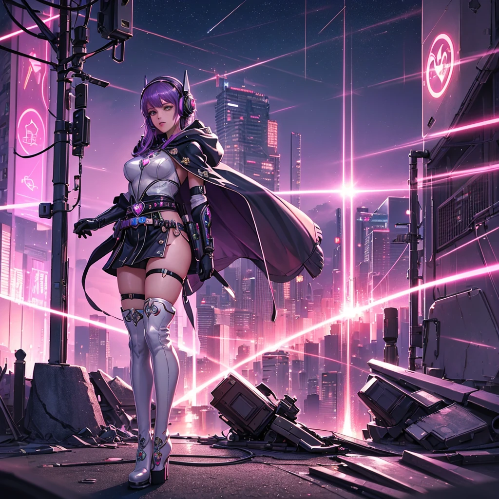 a stunning magical girl in a cyberpunk world, beautiful detailed eyes, beautiful detailed lips, extremely detailed face, long eyelashes, girl with a cute heart-shaped magic wand, hooded cape, wearing a headset, idol-like cyberpunk outfit, white thigh-high boots, utility pouch on waist, (best quality,4k,8k,highres,masterpiece:1.2),ultra-detailed,(realistic,photorealistic,photo-realistic:1.37),vivid colors,professional digital art,intricate details,concept art,cyberpunk,magical girl