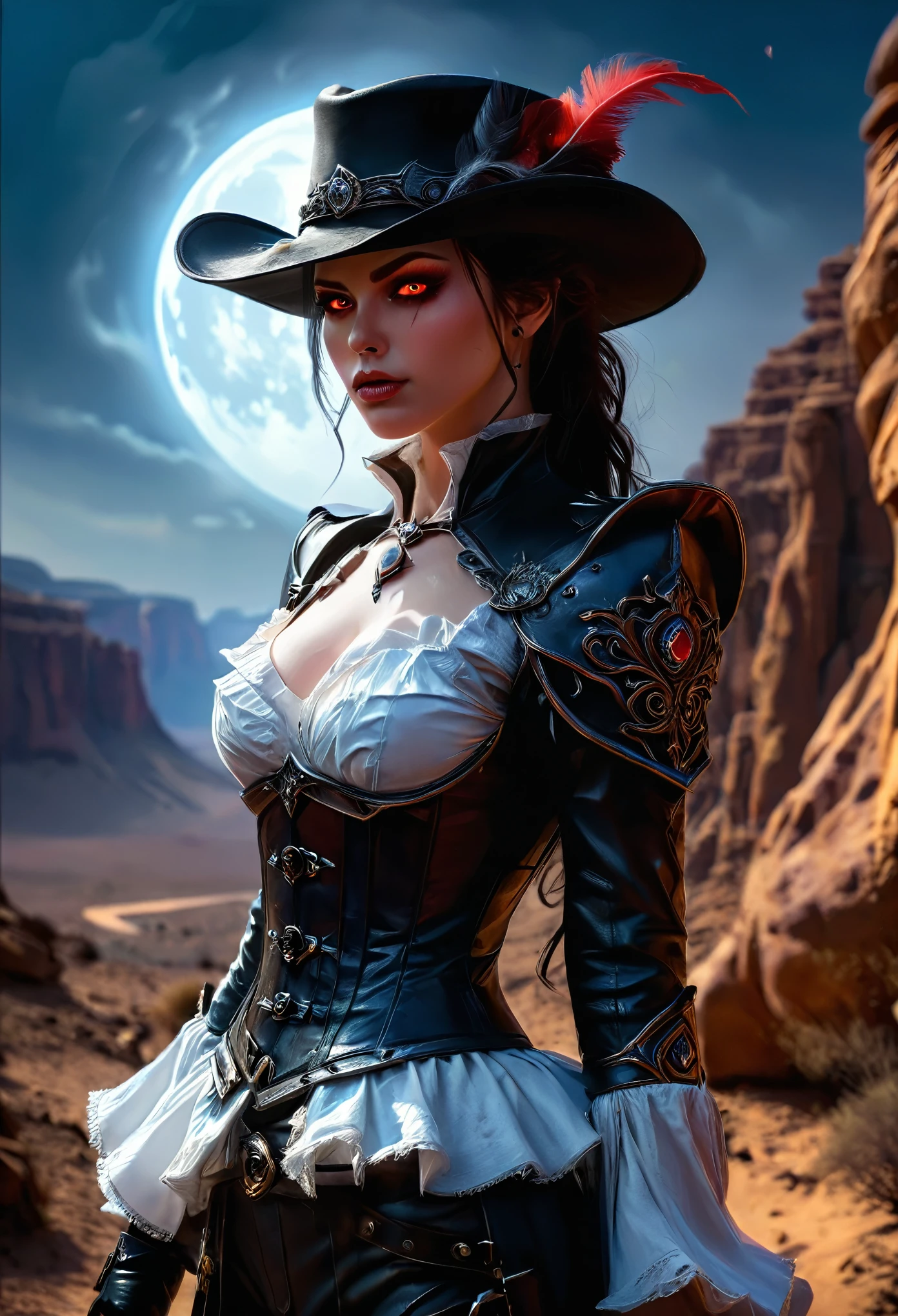 (Victorian photograph style: 1.5) picture of a female vampire cowboy in the desert night, a goth beauty, exquisite beautiful female vampire, ((anatomically correct: 1.5), (ultra detailed face: 1.2), best detailed face, red glowing eyes, full body, busty, wearing white bottom shirt, short skirt, dynamic color. wearing (cowboy hat: 1.2), wearing high heeled boots, wearing open black trench coat, flowing trench coat, it is night time in the desert, moon light. moon rays, west America desert canyon background, Hyperrealism style, vibrant, Ultra-high resolution, High Contrast, (masterpiece:1.5), highest quality, Best aesthetics), best details, best quality, highres, ultra wide angle, 16k, [ultra detailed], masterpiece, best quality, (extremely detailed) RAW, chumbasket art style, rpg portrait photograph, BloodSoakedAI,