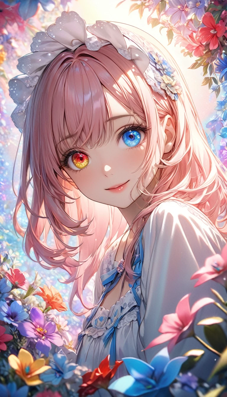 Psychedelic world、Commemorative photo、White rough shirt、beautiful girl、Lolita、15-year-old girl, 1 cute girl、(Facing forward), (Looking at this), (Very delicate and beautiful face)、(Beautiful eyes in every detail)、((((Heterochromia iridum - red and blue eye color))))、Through the bangs,Pink long hair, Beautiful attention to detail, Beautiful lip detail, Highly detailed face, Attractive eyes, Long eyelashes, smile, Shy, One Girl, Digital Art, pastel colour, Soft lighting, Cinematic, romantic, Baby Doll、Framing above the chest、Colorful gel background、Fractal Floral Background、Sparkling、Perfect lighting、Sharp focus、High resolution、High resolution、High color rendering、High resolution、Ultra-realistic、Realistic