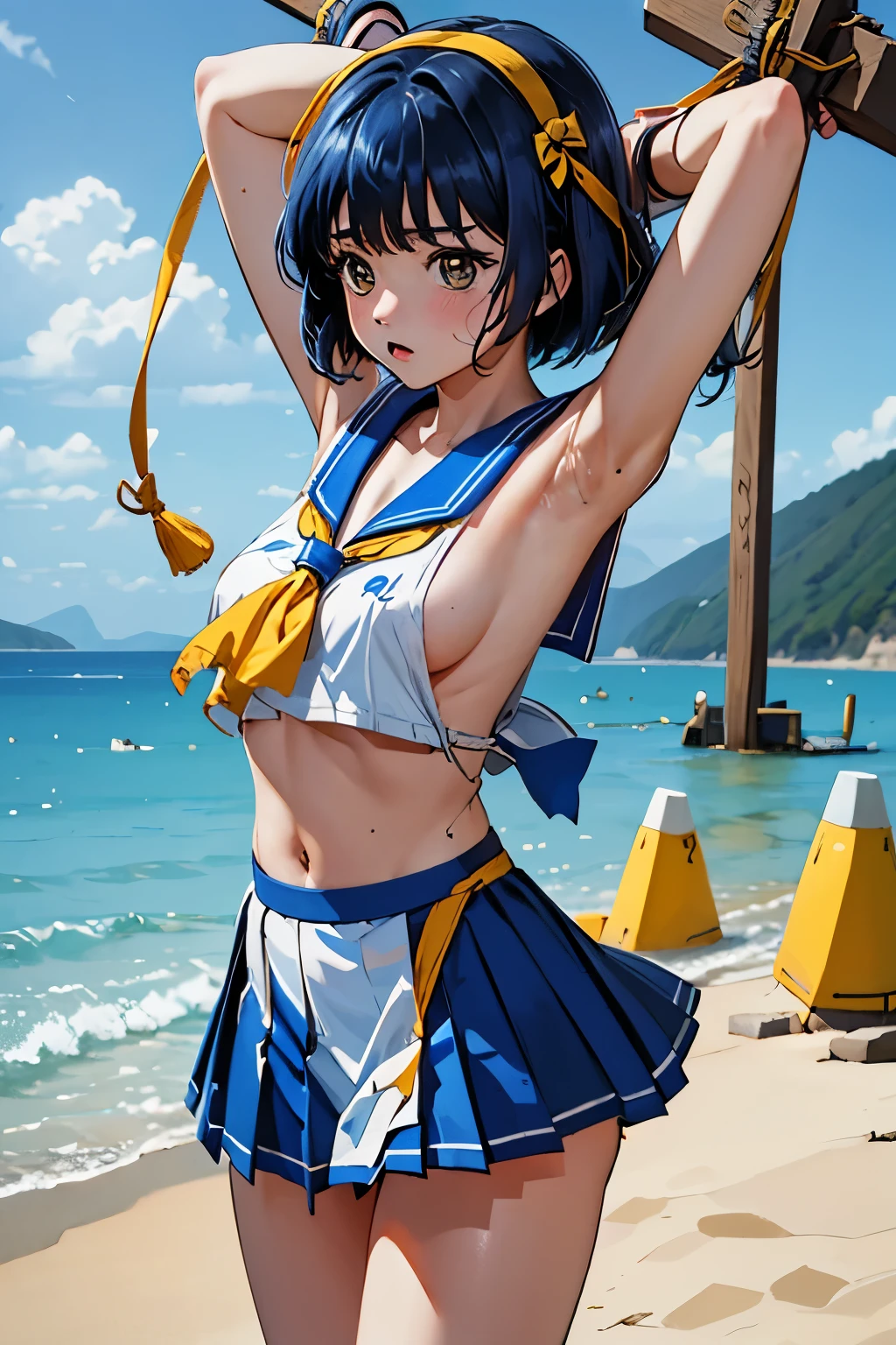 Asuka Honda、明日香、ASKA120%、Blue Hair、Bobcut、Dark Eyes、Yellow ribbon on the head、White Sailor Suit、A large yellow ribbon on the chest、Blue Skirt、Defeated、Detained、Crucified on the Cross、Chain bondage、He is tied up with his arms spread wide、Disheveled Sailor Uniform、Torn sailor suit、Torn Skirt、Exposed skin、Scared、Scared、Explosive Chemicals、（（（ＳＦＷ、sound、Highest quality、first-clasasterpiece、Normal body、8k、Detailed face、Ultra-precision、Normal hand、Normal finger、５Finger、Highest）））