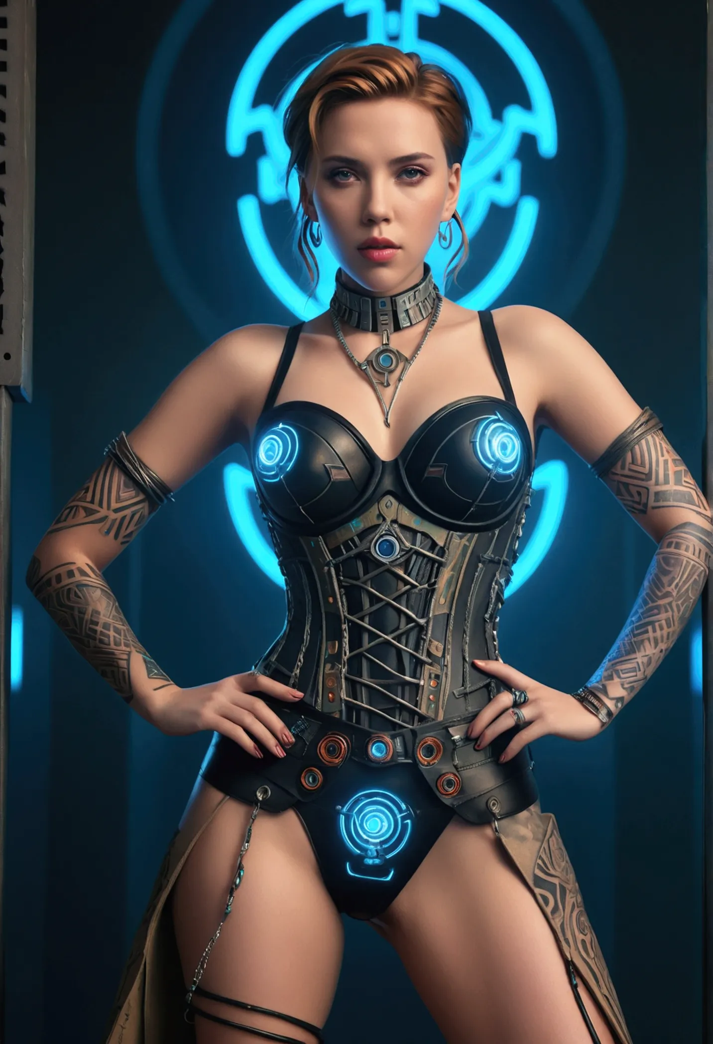 detailed cinematic photography of beautiful teen scarlett johansson as cyberpunk techno female shaman, tribal corsetry outfit, t...