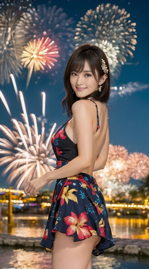 (((Masterpiece，Highest quality，Highest quality，8k，16K))，((Ultra-high resolution，Super detailed)))，Japanese，beautiful girl，sexy，glamorous，Golden Ratio Style，Camisole dress，night，Tropical Beach，Fireworks display，Fireworks、((Tropical BeachにてFireworks displayのFireworksを背景にしたスナップ写真))，