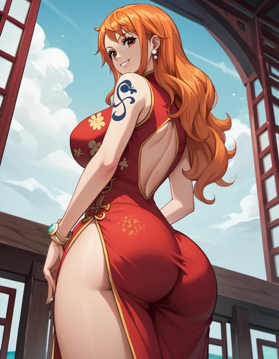 score_9, score_8_up, score_7_up, source_anime, best quality, clear face, Nami, orange hair, orange eyes, long hair, large breasts, perfect body, looking at viewer, smile, china dress, red clothes, in sea, standing, dynamic angle, from behind, big ass, low angle