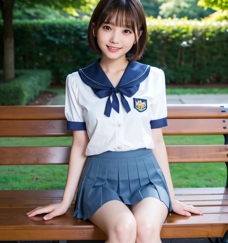 Highest quality、masterpiece、Ultra-high resolution、Professional Lighting、Clear photos、Realistic、(Very cute girl、beautiful girl、The cutest Yoda Yuki)、slender、Small breasts、Very short bob cut、Smile、(Schoolgirl in uniform、Elaborate Uniforms、Navy blue pleated skirt、mini skirt)、In a lush park、Sit on a bench、(With legs wide open)、(Wear white underwear、White panties are visible)