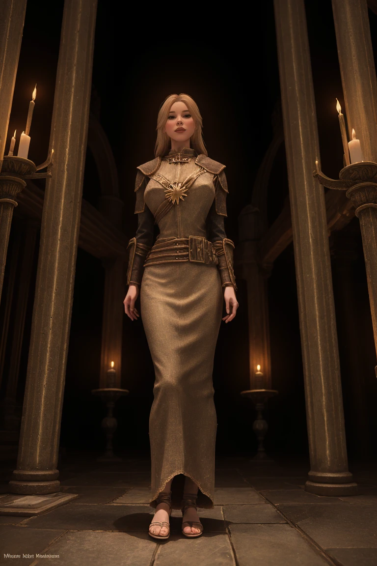 1girl, 35yo, blonde, sorceress, female breton wearing tight sorceress long dress, standing inside a magic fortress, casting a spell, magic light coming to her face, Skyrim style