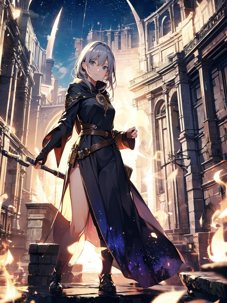 1 female mage, A woman&#39;s wisdom is reflected in her calm eyes, (((Perfect eyes)))), The long white hair reflects a faint amber light, With a witch hat， Queen Elizabeth neckline, electrical arcs，lightning，Giant ball of fire，Red flame， (masterpiece:1.2), (best quality), detailed, Ultra HD, light, Clear focus, (illustration:1.1), complex, 8K CG, Perfect work of art, (whole body:0.6), Detailed background, witch hat, Magical atmosphere, Hair blowing in the wind, Colorful magic spells shone in the air, Rotating portal, Dark Magic, (Style Swirl Magic:0.8), Floating particles, Dark sinister forest background, Updraft, Backlight,
Waiting to start 
