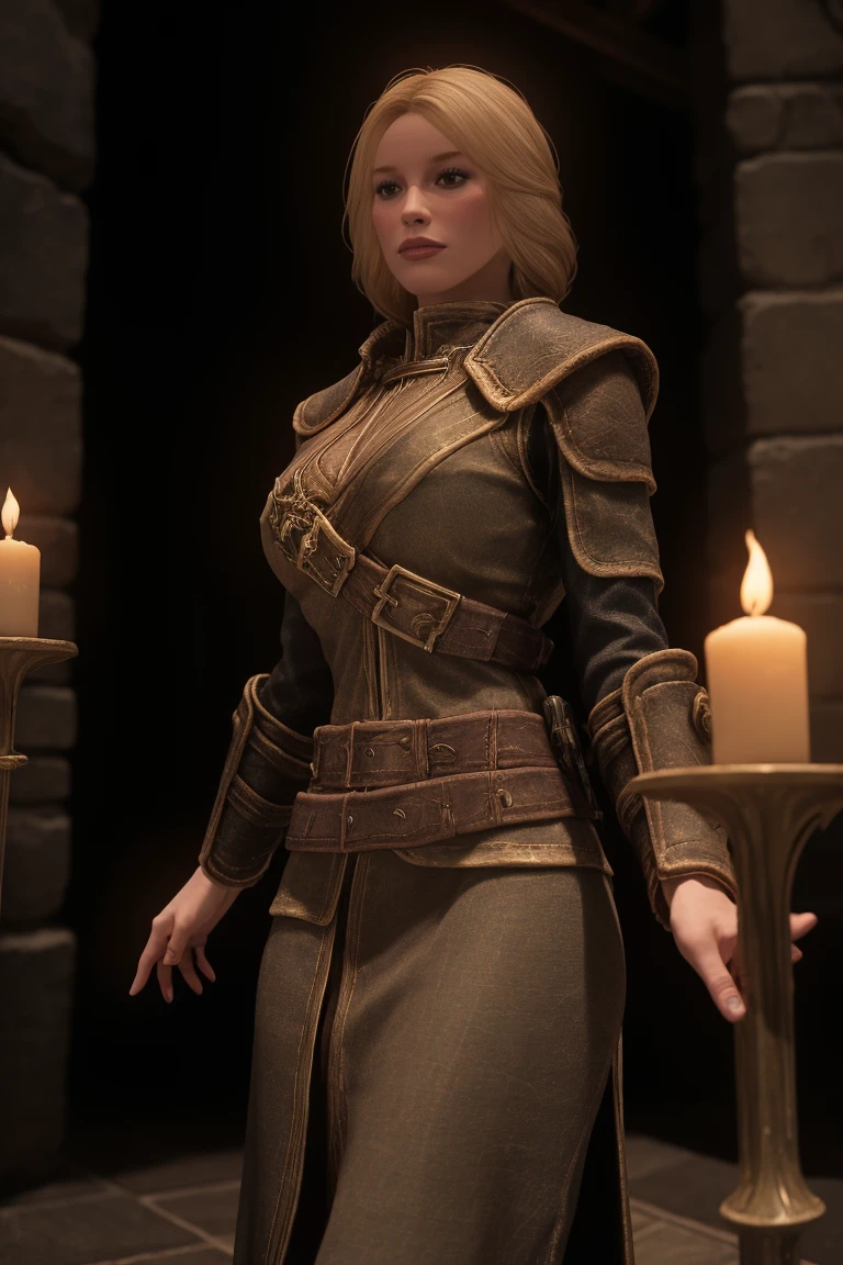 1fille, 35 ans, blond, Sorcière, female breton wearing tight Sorcière long dress, debout à l'intérieur d'une forteresse magique, jeter un sort, une lumière magique se dirige vers son visage, (vue rapprochée:1.3), Style Skyrim