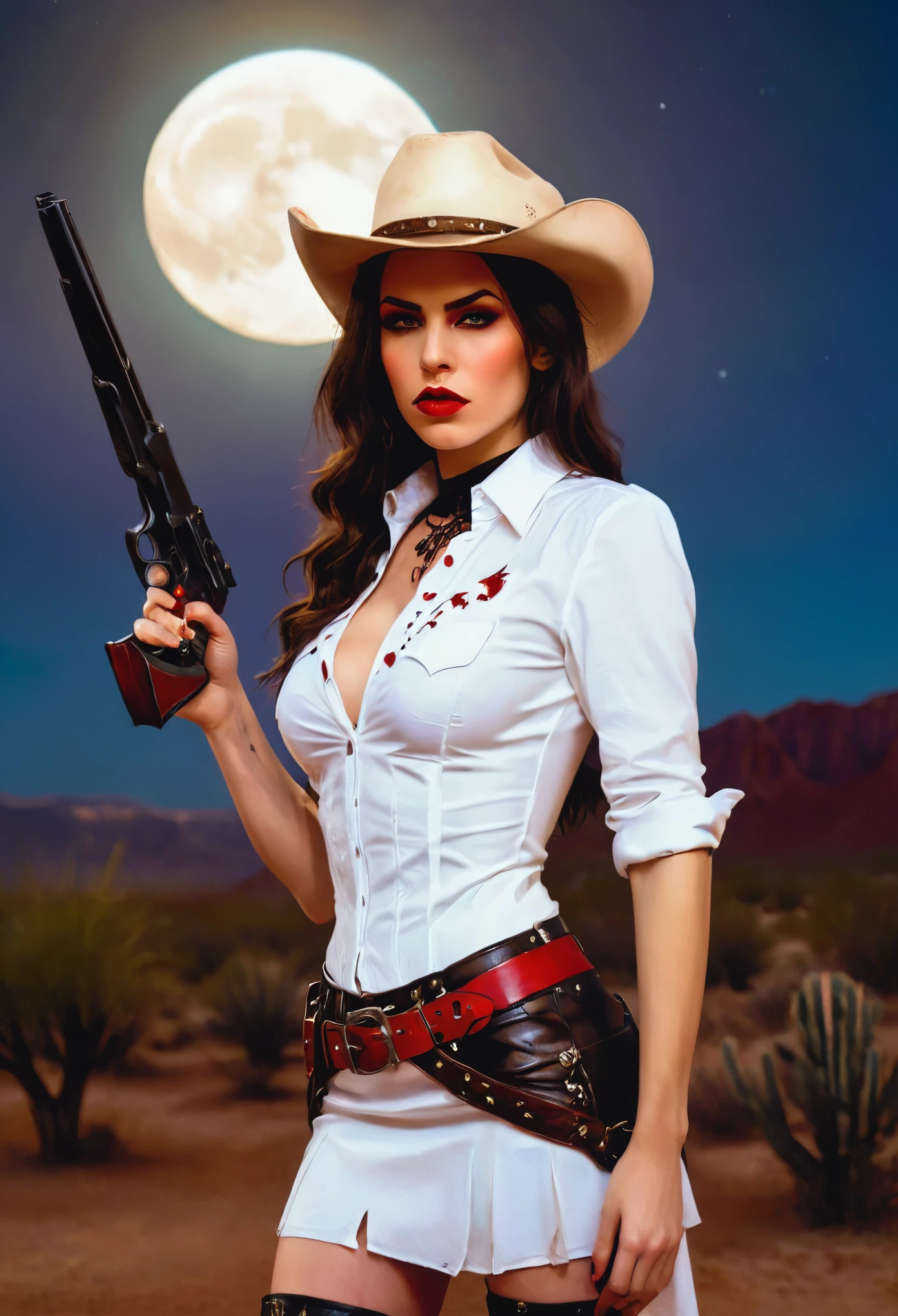 (19th century photograph style picture: 1.3) of a female vampire cowboy in the desert night, a goth beauty, exquisite beautiful female vampire, ((anatomically correct: 1.5), (ultra detailed face: 1.2), best detailed face, red glowing eyes, full body, busty, wearing white bottom shirt, short skirt, dynamic color. wearing (cowboy hat: 1.2), wearing high heeled boots, she has a pistol in an holster,  it is night time in the desert, moon light. moon rays, west America desert canyon background, Hyperrealism style, vibrant, Ultra-high resolution, High Contrast, (masterpiece:1.5), highest quality, Best aesthetics), best details, best quality, highres, ultra wide angle, 16k, [ultra detailed], masterpiece, best quality, (extremely detailed) RAW, chumbasket art style, rpg portrait photograph, BloodSoakedAI