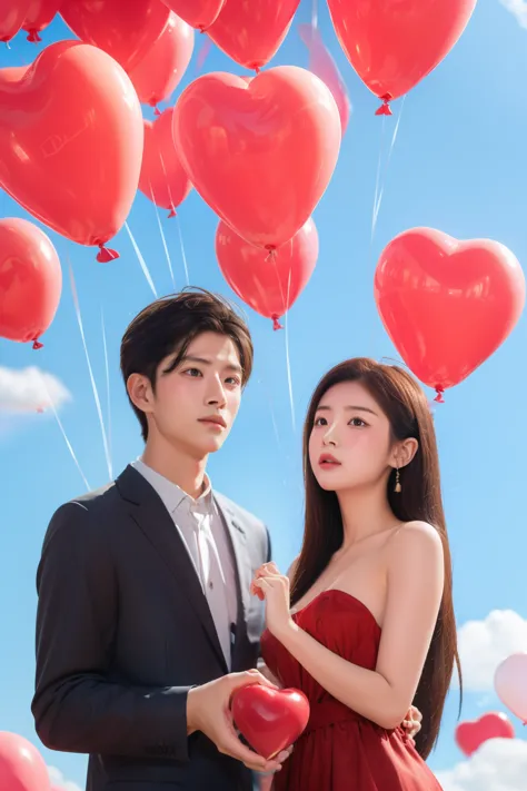 1 boy and 1 girl,couple,heart,hands duo,flower,clouds,bubbles,rose flower,balloons,clouds,sky,