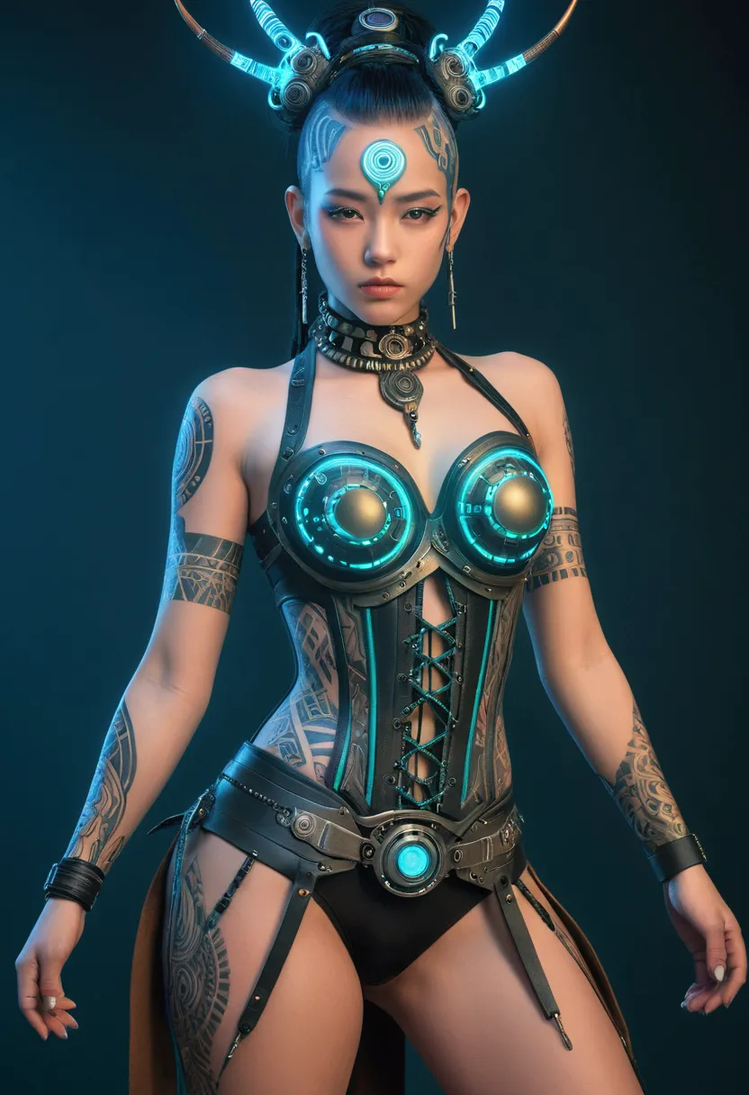 detailed cinematic photography of beautiful teen cyberpunk techno female shaman, tribal corsetry outfit, tribal tattoos, a beaut...