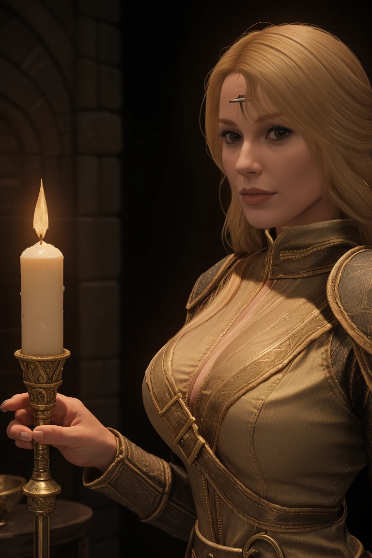 1girl, 35yo, blonde, sorceress, female breton wearing tight long dress, standing inside a magic fortress, casting a spell, magic light coming to her face, (closeup view:1.3), Skyrim style