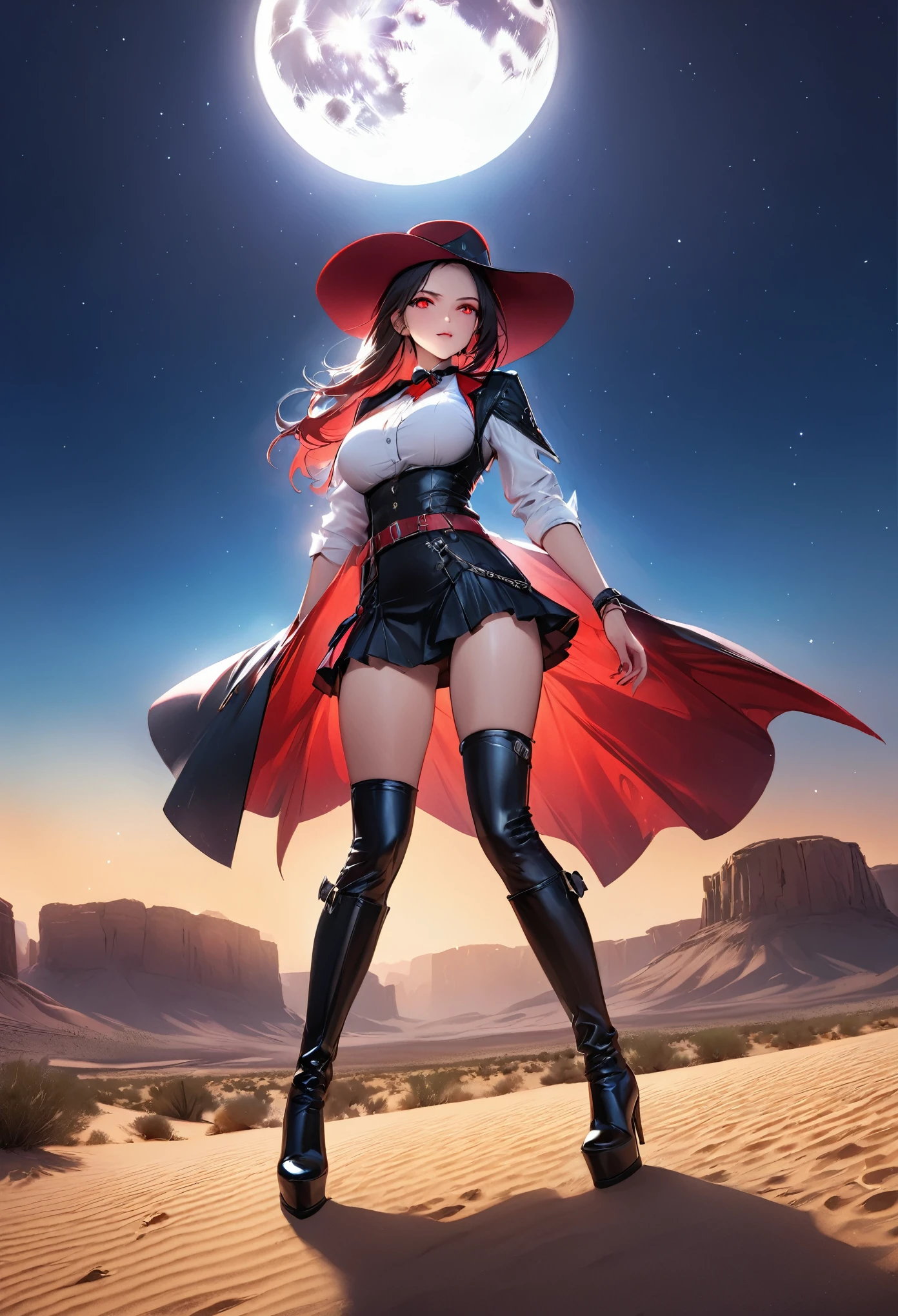 a picture of a female vampire cowboy in the desert night, a goth beauty, exquisite beautiful female vampire, ((anatomically correct: 1.5), (ultra detailed face: 1.2), best detailed face, red glowing eyes, full body, busty, wearing white bottom shirt, short skirt, dynamic color, wearing (Gambler Crease  hat: 1.2), wearing high heeled boots, it is night time in the desert, moon light. moon rays, west America desert canyon background, Hyperrealism style, vibrant, Ultra-high resolution, High Contrast, (masterpiece:1.5), highest quality, Best aesthetics), best details, best quality, highres, ultra wide angle, 16k, [ultra detailed], masterpiece, best quality, (extremely detailed) RAW, chumbasket art style, rpg portrait photograph, magical sky