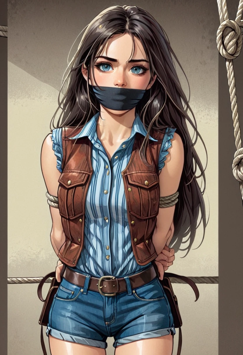 1girl, cowgirl, long hair, shirt, vest, jean shorts, holster, arms behind back, ropes, shibari over clothes, otm gag, portrait, graphic novels illustration