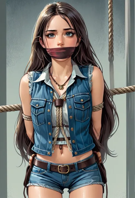 1girl, cowgirl, long hair, shirt, vest, jean shorts, holster, arms behind back, ropes, shibari over clothes, otm gag, portrait, ...