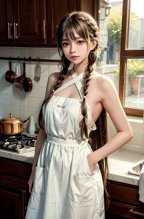A girl, Solitary, Brown long hair,Bangs, Braids and long hair , Wear a bare back apron,Brown eyes, Upper body photo, Kitchen bac...