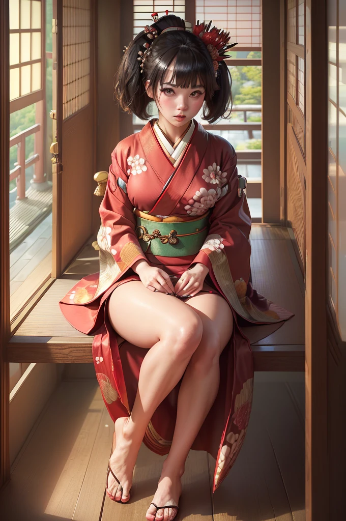 ((the girl wearing a nice traditional kimono sitting in a temple, 1girl, solo, japanese clothes, kimono, sitting, indoors, tabi, looking at viewer, holding, hair ornament, brown eyes, blush, black hair, sash, parted lips, breasts, red kimono, sliding doors