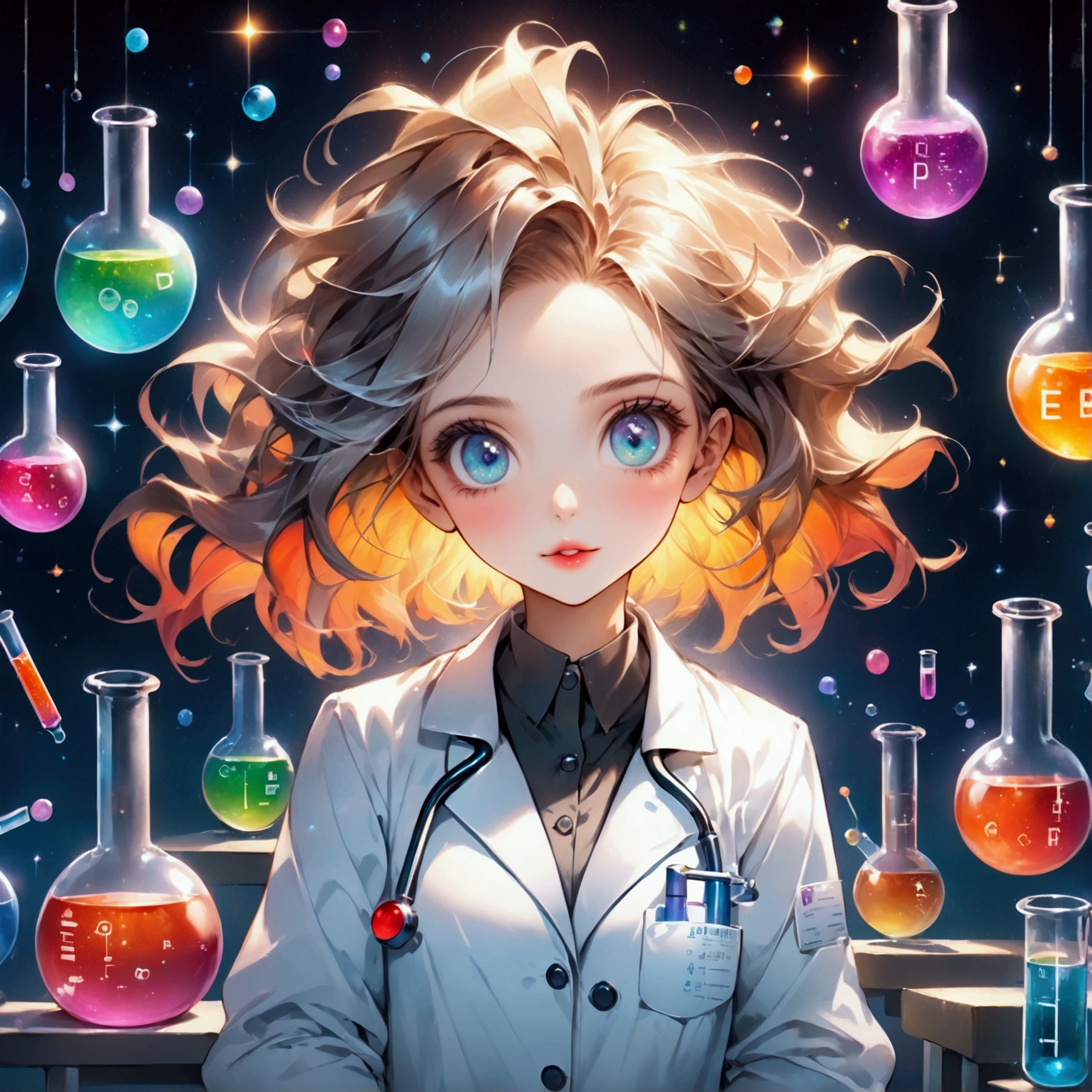 cute chemistry mascot, 1girl, beautiful detailed eyes, beautiful detailed lips, extremely detailed face and hair, lab coat, beaker, test tubes, periodic table, scientific formulas, colorful, playful, whimsical, dynamic pose, bright lighting, cinematic, vibrant colors, 8k, high quality, intricate details, digital art, illustration