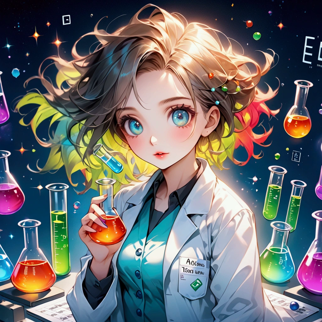 cute chemistry mascot, 1girl, beautiful detailed eyes, beautiful detailed lips, extremely detailed face and hair, lab coat, beaker, test tubes, periodic table, scientific formulas, colorful, playful, whimsical, dynamic pose, bright lighting, cinematic, vibrant colors, 8k, high quality, intricate details, digital art, illustration