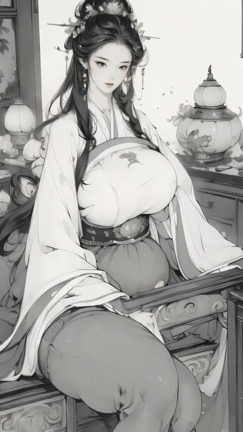 ((High definition traditional ink images, Hanfu)), eyes real size, Huge breasts，plump breasts，Perfect body，Slim waist，Toned thighs，perky buttocks，Smiling, ((spread legs, stand with legs crossed，Hit the table corner with your crotch)), ((pubic hair, Large areola, gender, Intense mating)), old fashion, open mouth,