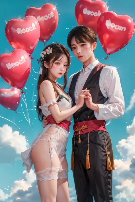 1 boy and 1 girl,couple,heart,hands duo,flower,clouds,bubbles,rose flower,balloons,clouds,sky,legwear，Hanfu，