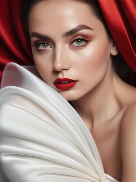 covered with red silk the whole face of a beautiful woman, only eyes with terry eyelashes are visible,  photographed in the styl...