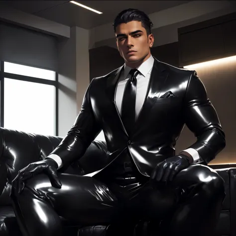 araffe dressed in a suit and tie sitting on a couch, black rubber suit, in strict suit, black latex suit, dark suit, in a strict suit, wearing tight suit, wearing a strict business suit, rubber suit, wearing a black noble suit, in his suit, man in black suit, wearing black suit, black leather costume, wearing black latex outfit
