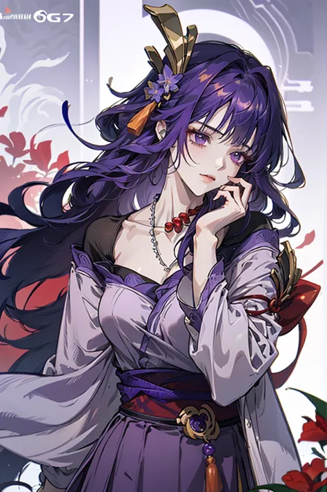 Best quality at best, Ultra-high resolution, (((1 girl))), (Long purple hair), (violet eyes), (Chinese clothes), (((Red Flowers ...