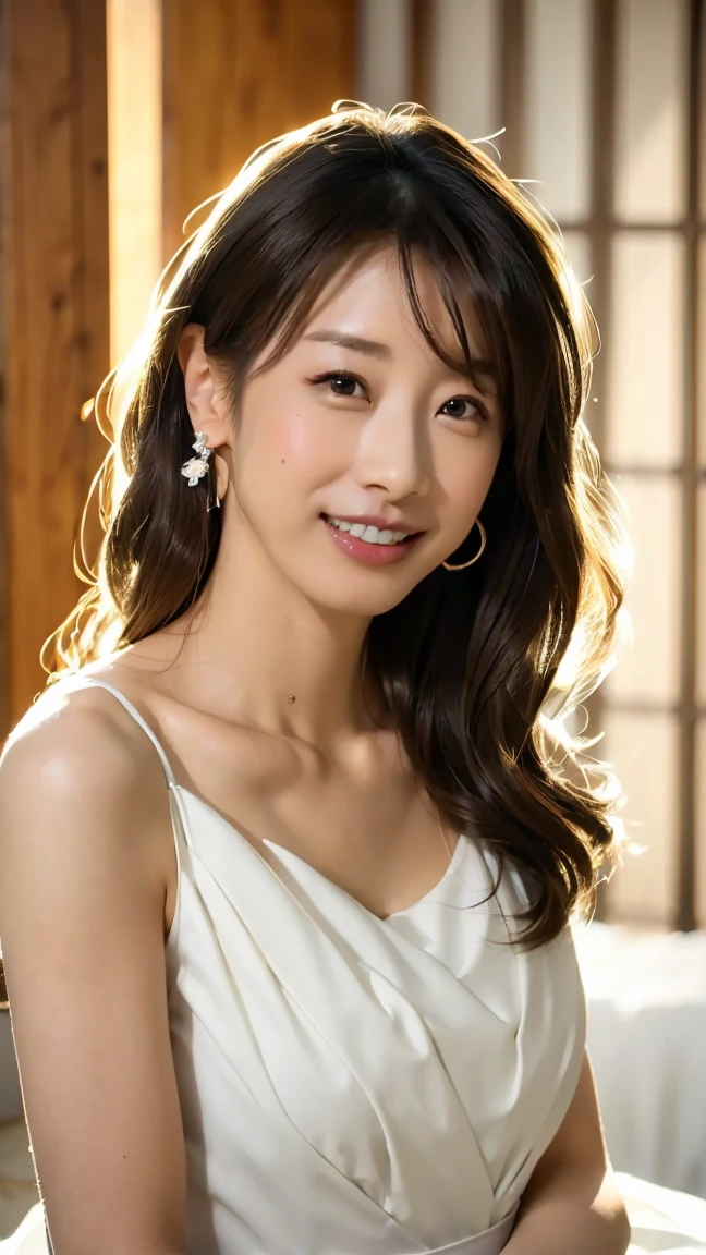 katoayako, (8K, Photorealistic, Raw photo, of the highest quality: 1.3), (nsfw), (1girl in), Super beautiful, (Realistic face), (brown hair), Beautiful, (wearing a white wedding dress、with small neckrace and earring:1.3)、Glare that captivates the viewer, Beautiful expression, Beautiful breasts, (Realistic skin), (small breasts), (slim body, full body), eye smile, (in bedroom、at night),