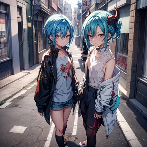 anime girl with blue hair and horns on the street, 3d real anime, 2. 5d cgi anime fantasy artwork, anime style 3d, anime style. ...