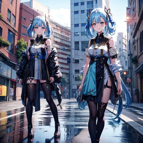 anime girl with blue hair and horns on the street, 3d real anime, 2. 5d cgi anime fantasy artwork, anime style 3d, anime style. ...