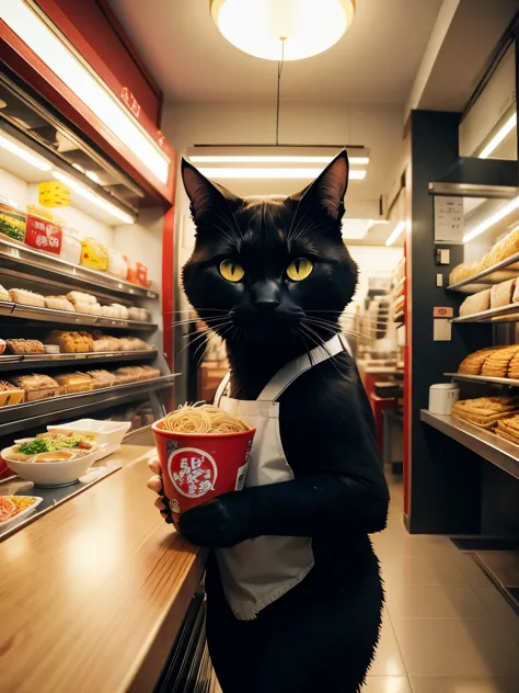 Highest quality, 2Dアニメ, Small ramen shop, Counter seats, Bright fluorescent lighting inside the store, One Ramen（The bowl is white, A red saucer under the bowl, Ramen comes with 5 slices of pork, Half a boiled egg in ramen, テカテカ, A mountain of bean sprouts that covers the noodles, hot々）Real, A realistic black cat standing next to ramen, （1 black cat, The black cat&#39;s mouth is white, The black cat&#39;s paws have white fur, Very beautiful black cat, The black cat is interested in ramen）A woman behind the counter, The woman is hiding from the chest down behind the counter., リアル, Bangs are blunt, Brown Hair, ショートヘア, 30th Generation, Fair skin makeup, Big Eyes, グロスリップ, Tシャツ, Navy blue apron, fine, smile, グラマー, looking at the camera, The camera is diagonally above, (masterpiece:1.1), 8K