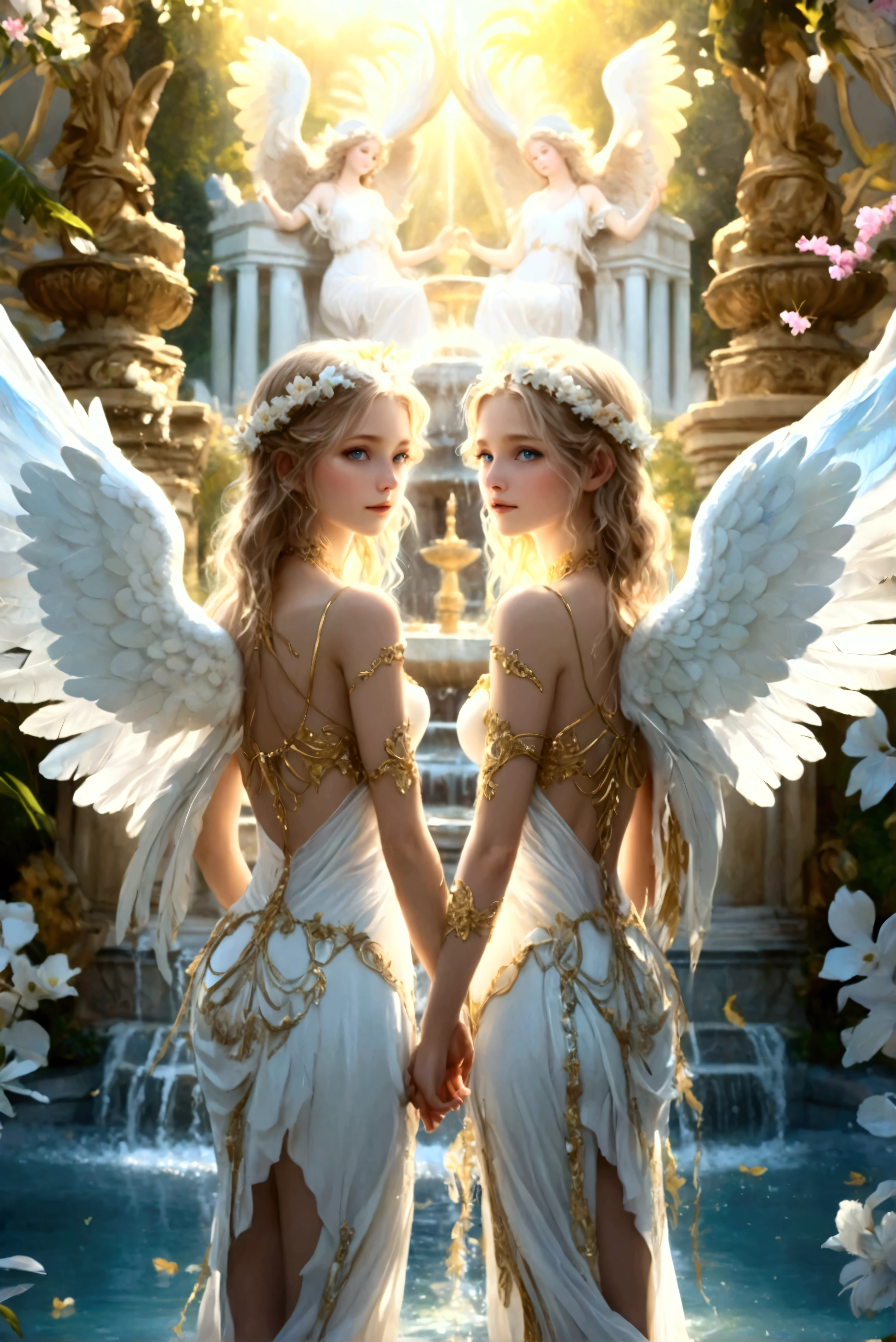  (masterpiece:1.0), (best quality:1.4), (ultra highres:1.2), (photorealistic:1.4), 8k resolution, Canon EOS R5, 50m)), ((ethereal)), angels, paradise, wings, halo, soft light, beauty, peaceful, serene. in the heavenly paradise, ethereal angels with magnificent wings and halo they are perfect and her body remains the marble.their poses of unparalleled beauty. they are wearing a heavenly outfit with whithe feather perfecly fit in their backs, with amazing bodies and beautiful blue eyes))wearing also golden lace ribbons. ((in the paradise garden there is a fountain of youth with many trees and flowers around a big lake and marble palace and statues, raw, 8k, looking at viewer's high definition