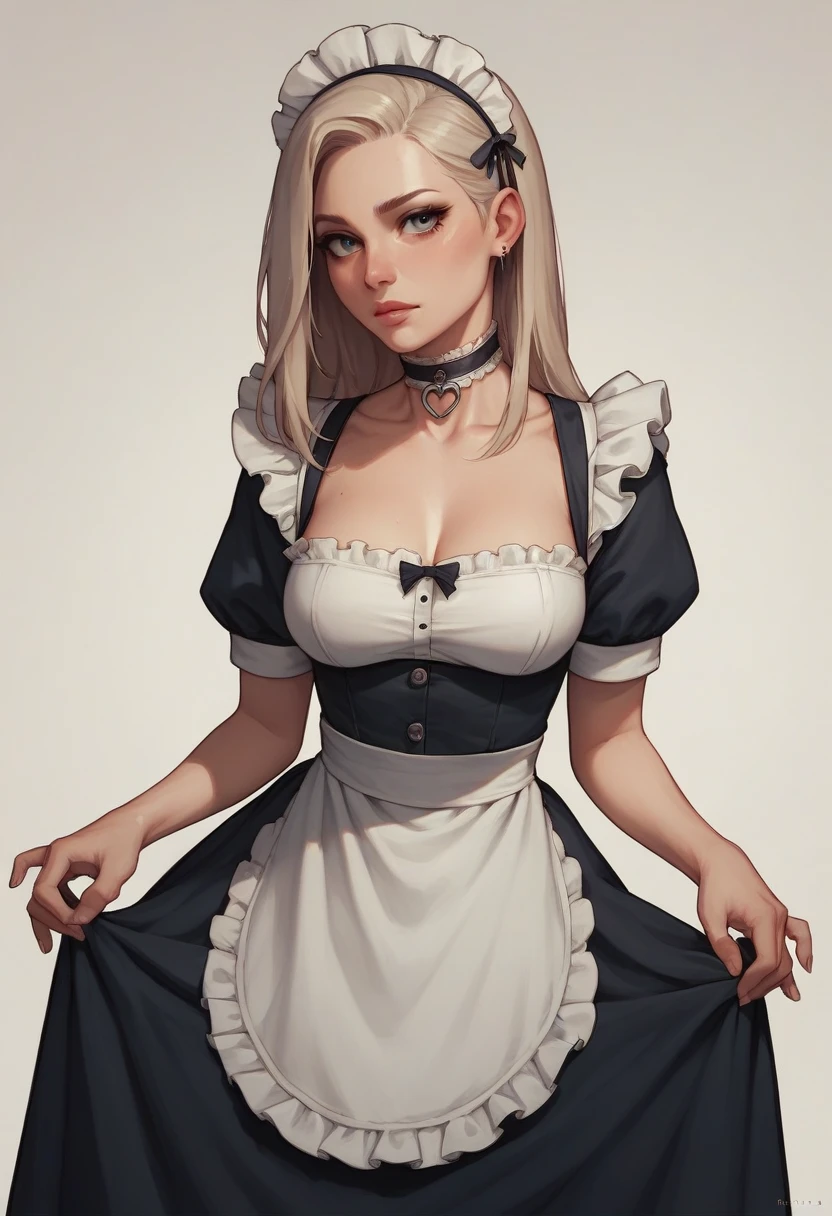 choker, Maid&#39;s Headdress, Black kimono, Wide sleeves, Frills, heart, White apron, Sleeves are longer than the wrist, skirt, red skirt, Brown footwear, Cross-laced shoes、Huge breasts、Upper Body、blush、Cleavage、Huge penis、Staring at the penis、Handjob