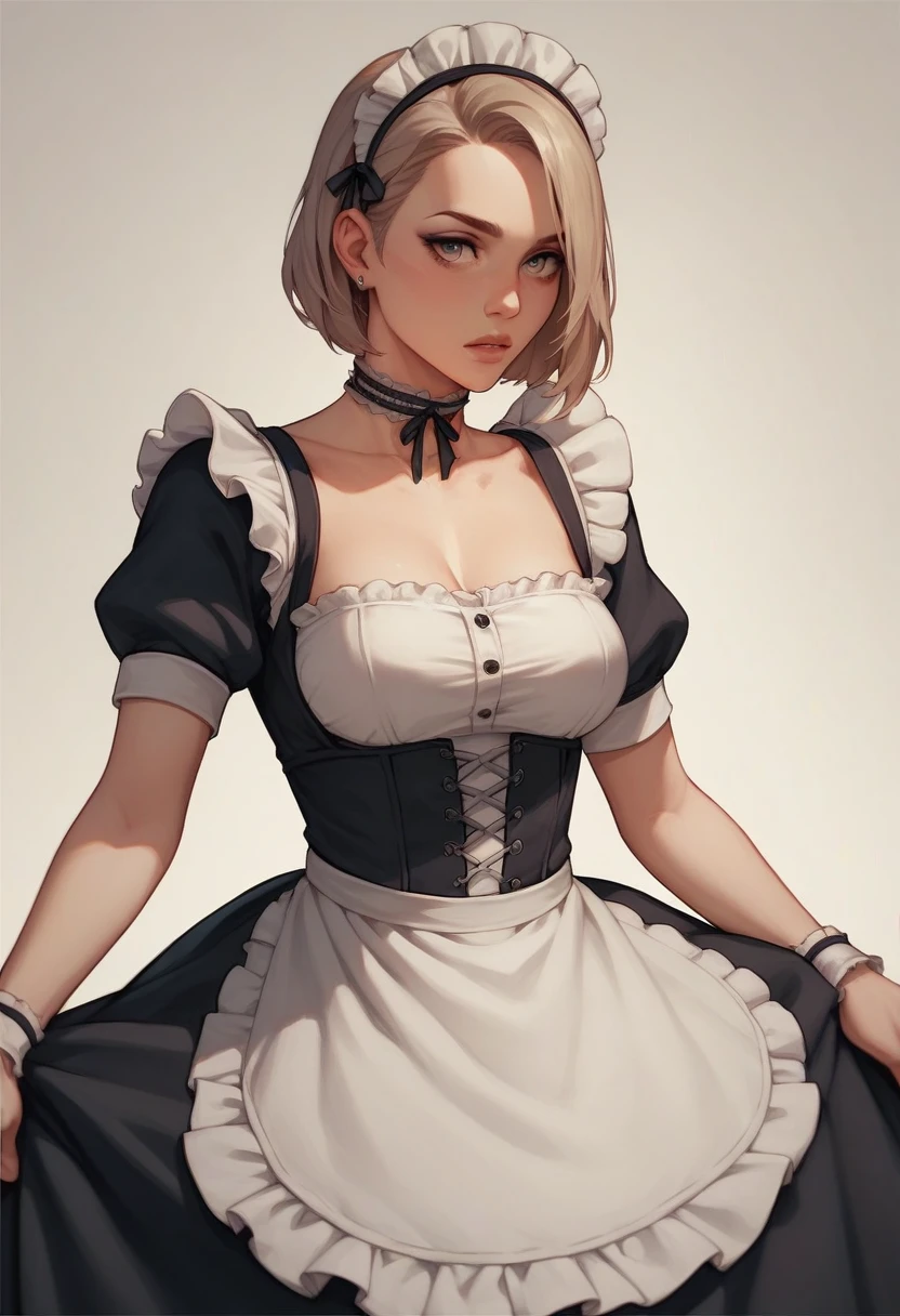 choker, Maid&#39;s Headdress, Black kimono, Wide sleeves, Frills, heart, White apron, Sleeves are longer than the wrist, skirt, red skirt, Brown footwear, Cross-laced shoes、Huge breasts、Upper Body、blush、Cleavage、Huge penis、Staring at the penis、Sweat、Surprised Eyes、