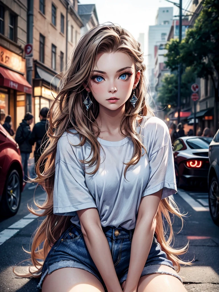 Top quality, masterpiece, ultra high definition, (Real: 1.4), Original photo, (Evening Street), 1 girl, blue eyes, looking at the audience, long hair, light makeup, lips, small ears, white t-shirt, denim shorts, earrings, sitting Ferrari, slim, neat, park, renatadaninsky 
 sultry look, seductive,
