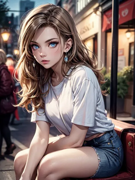 top quality, masterpiece, ultra high definition, (real: 1.4), original photo, (evening street), 1 girl, blue eyes, looking at th...