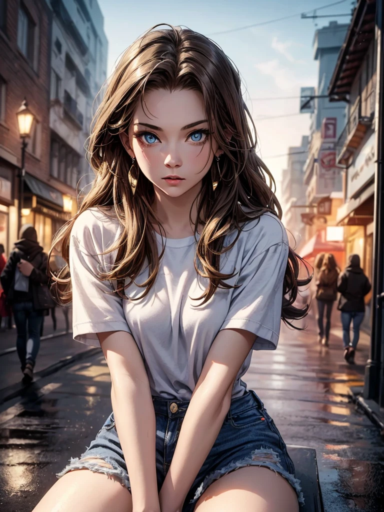 Top quality, masterpiece, ultra high definition, (Real: 1.4), Original photo, (Evening Street), 1 girl, blue eyes, looking at the audience, long hair, light makeup, lips, small ears, white t-shirt, denim shorts, earrings, sitting Ferrari, slim, neat, park, renatadaninsky 
 sultry look, seductive,
