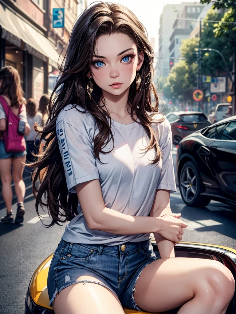 Top quality, masterpiece, ultra high definition, (Real: 1.4), Original photo, (Evening Street), 1 girl, blue eyes, looking at the audience, long hair, light makeup, lips, small ears, white t-shirt, denim shorts, earrings, sitting Ferrari, slim, neat, park, renatadaninsky 
 sultry look, seductive,
