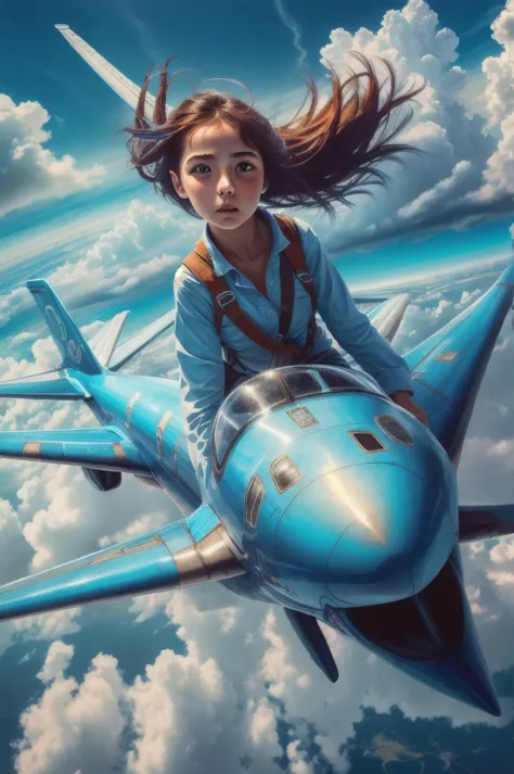 (masterpiece:1.2), (best quality:1.3), highres, ultradetailed, vibrant colors, 1girl, riding on a  airplane, cloudy sky,