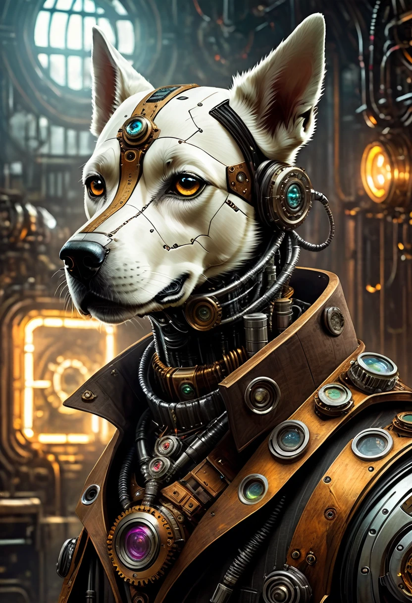 (((Cybernetic dog))) adorned with steampunk elements, blending seamlessly into a cyberpunk environment, (mysterious) and (dystopian) ambiance, (masterpiece) of digital art